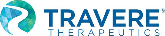 Logo for Travere Therapeutics, featuring the company name and a circle containing a winding path.